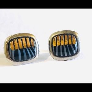 Vintage Shabby Silver Black Stripe Glass Cufflinks